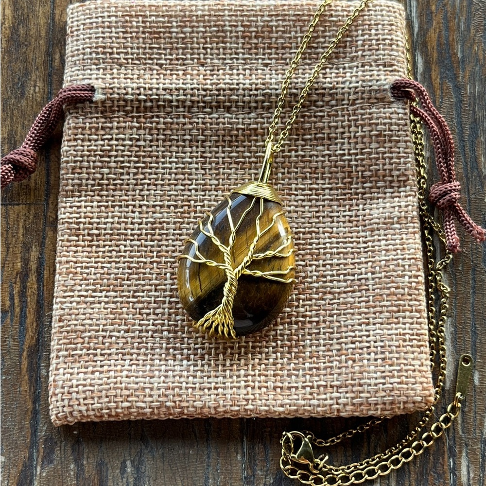 Tigers Eye Necklace Tigers Eye Pendant with Gold Plated Stainless Steel Chain